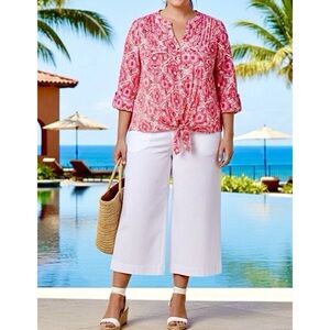 COCOMO SPRING BOHO TOP 3X {FITS 2X} PINK TIE FRONT PLEATED HI/LO RESORT CRUISE